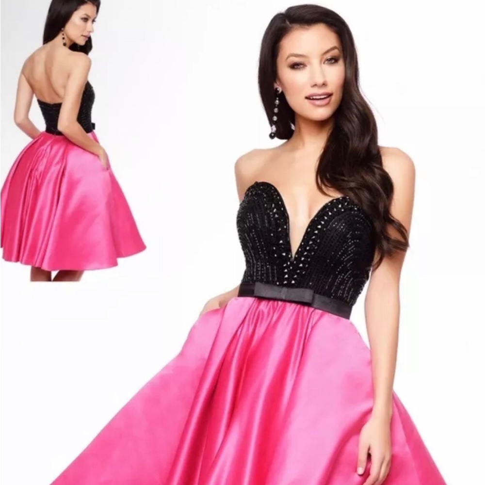 Lucci Lu Hot Pink and Black Plunge Neck Cocktail Dress Size 4 Fuchsia